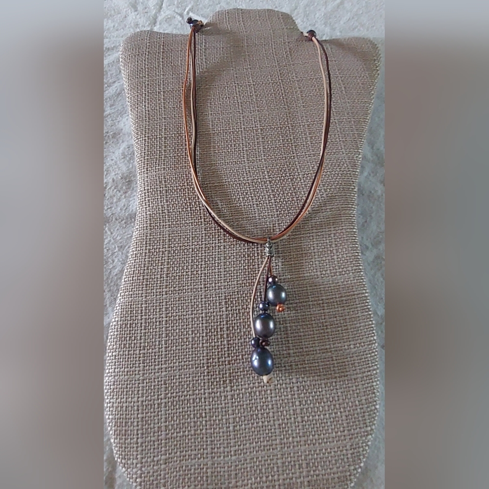 Handmade Tan, Gold & Brown Leather And Peacock Pearl Unicorn Necklace